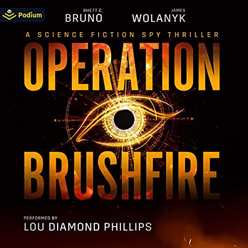 Operation Brushfire Audiobook Cover (black with an orange drawn eye in the middle)