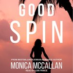 Good Spin Audiobook Cover featuring a palm tree on the right and a pinkish sky with a shadowed girl in the front center