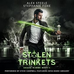 Stolen Trinkets Cover featuring a man in a suit holding a sword that's glowing green with a dark cityscape behind him