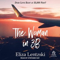 The Woman in 3B Audiobook Cover - featuring the left plane wing flying over a slightly lit up city while an orange sunset or sunrise is happening in the background with the title and author over it in white